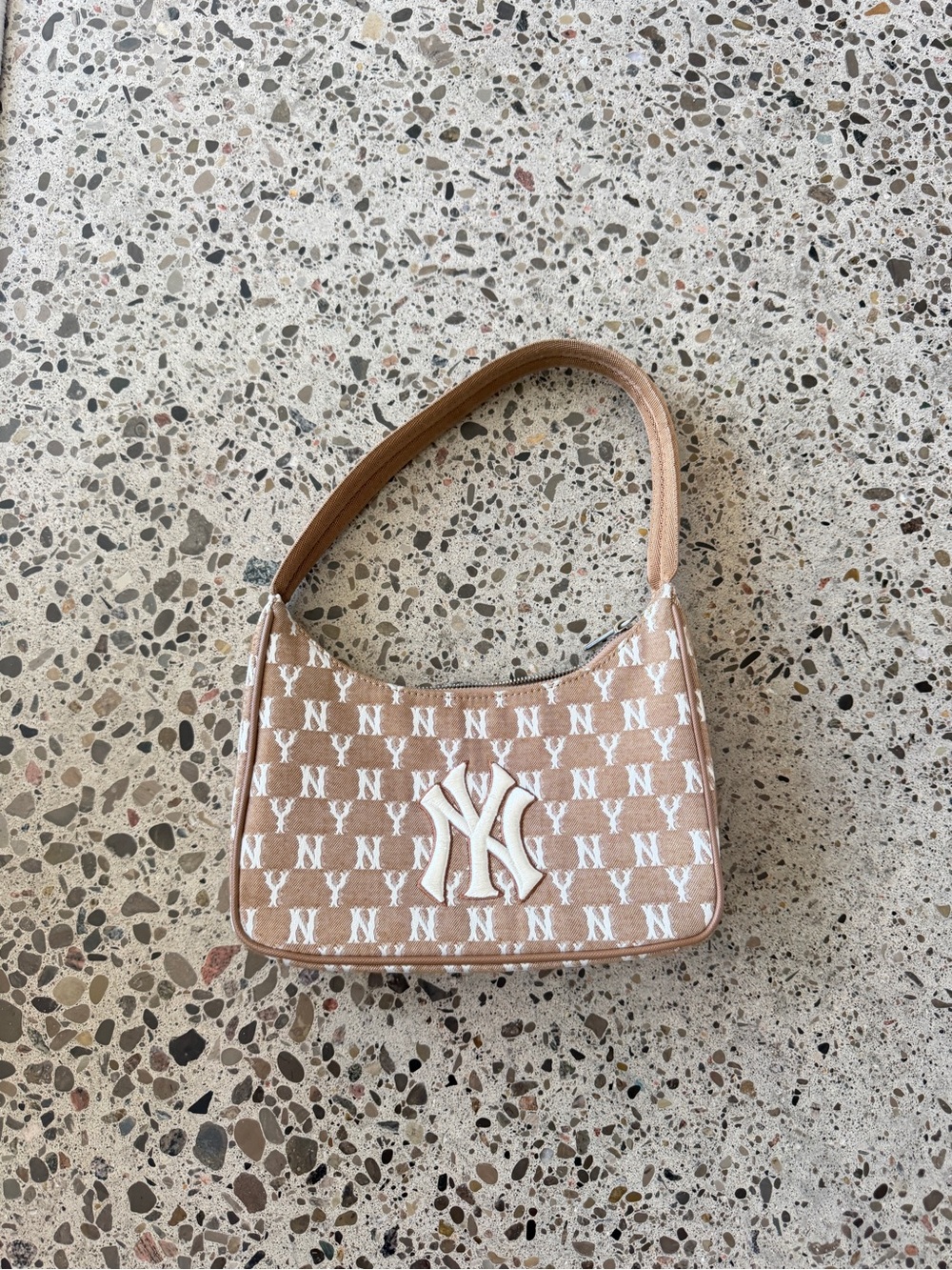 Yankees MLB Monogram Beige Shoulder Hobo Bag with White Logo